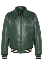 Schott's cowhide leather varsity jacket, green and off-white stripes. - Image n°6