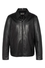 Sleek black shirt collar leather jacket - Image n°1