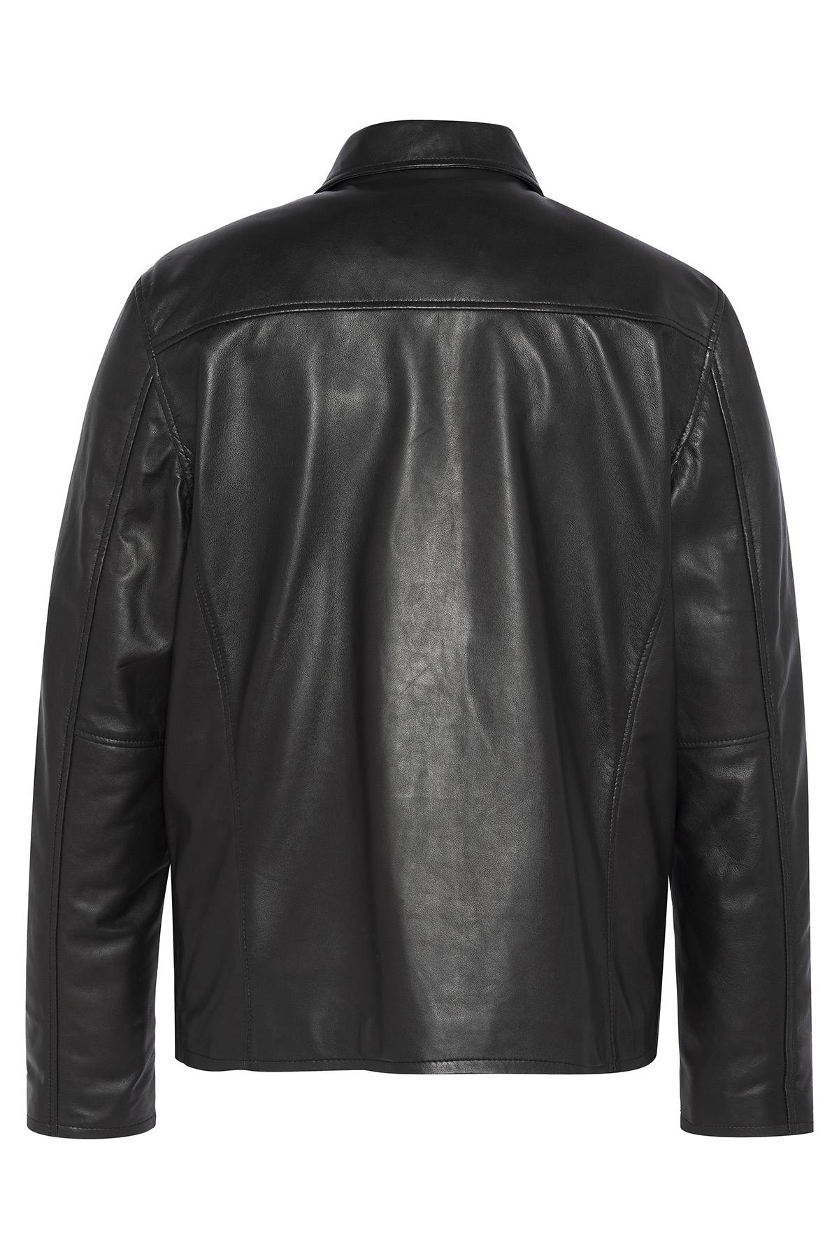 Sleek black shirt collar leather jacket - Image n°2