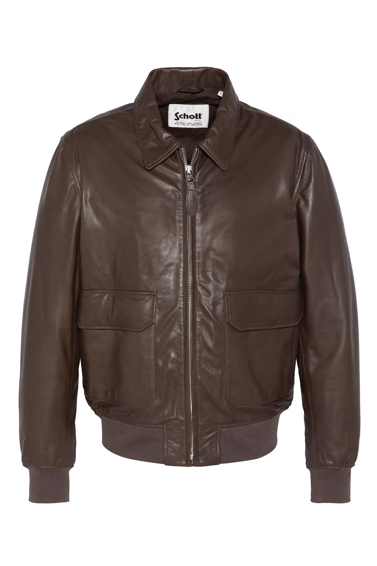 Brown leather bomber jacket with shirt collar - Image n°1
