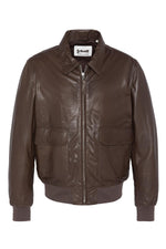 Brown leather bomber jacket with shirt collar - Image n°1