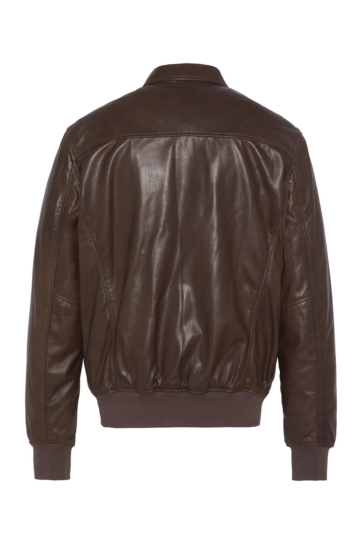 Brown leather bomber jacket with shirt collar - Image n°2