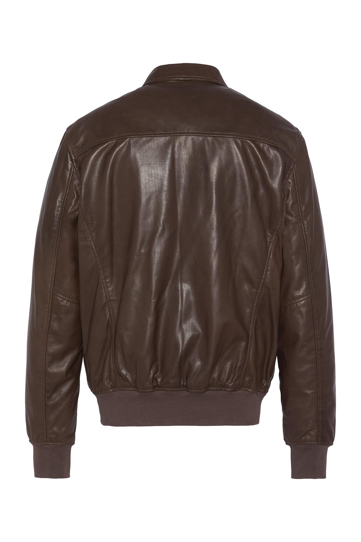 Brown leather bomber jacket with shirt collar - Image n°2