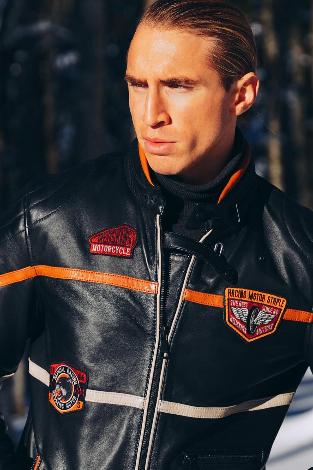 Redskins' sheepskin biker jacket with teddy collar and bold badges. - Image n°3