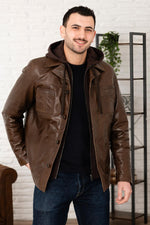 Serge Pariente's Mocca buffalo leather jacket with removable hood. - Image n°1
