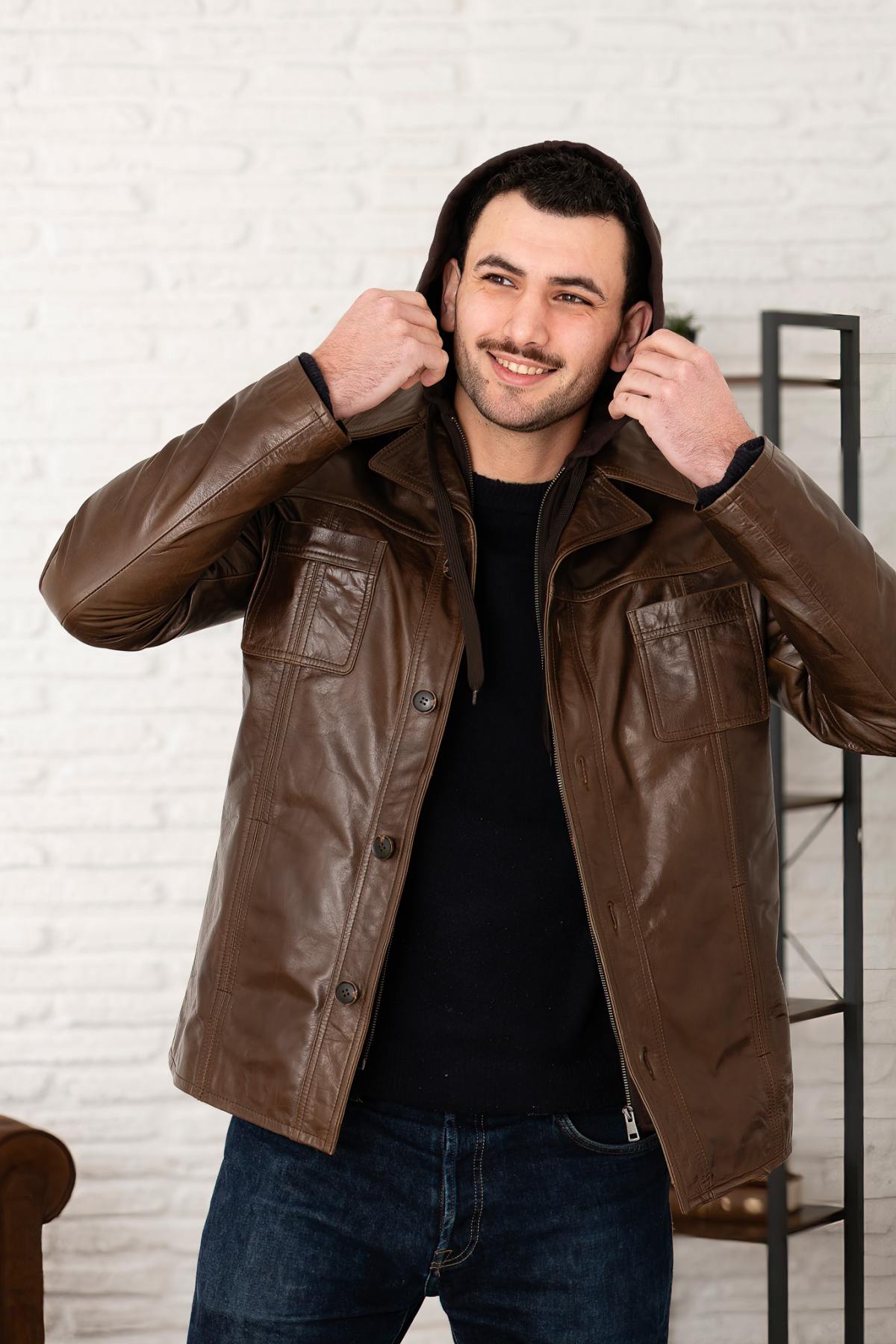 Serge Pariente's Mocca buffalo leather jacket with removable hood. - Image n°7