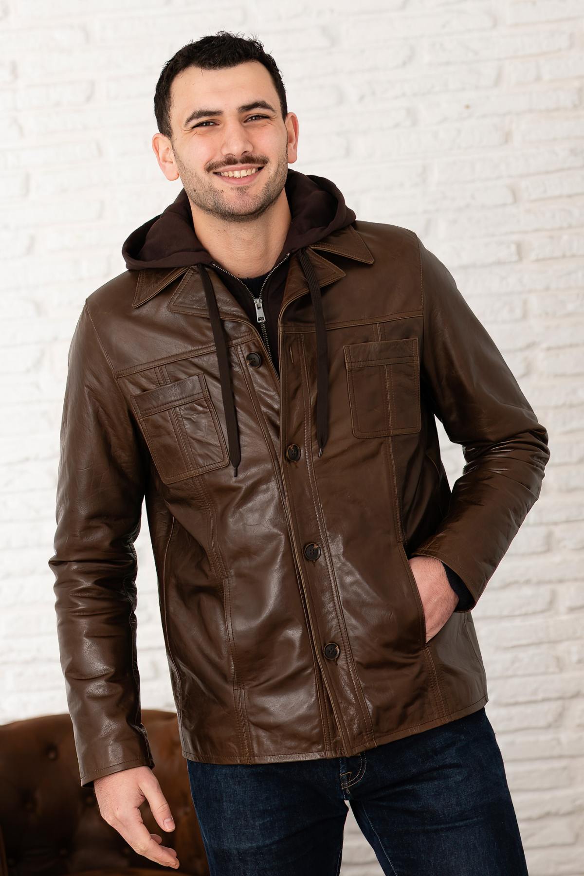 Mocha buffalo leather jacket with removable hood - Image n°2