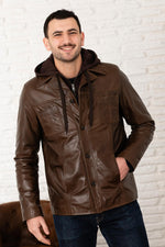 Mocha buffalo leather jacket with removable hood - Image n°2
