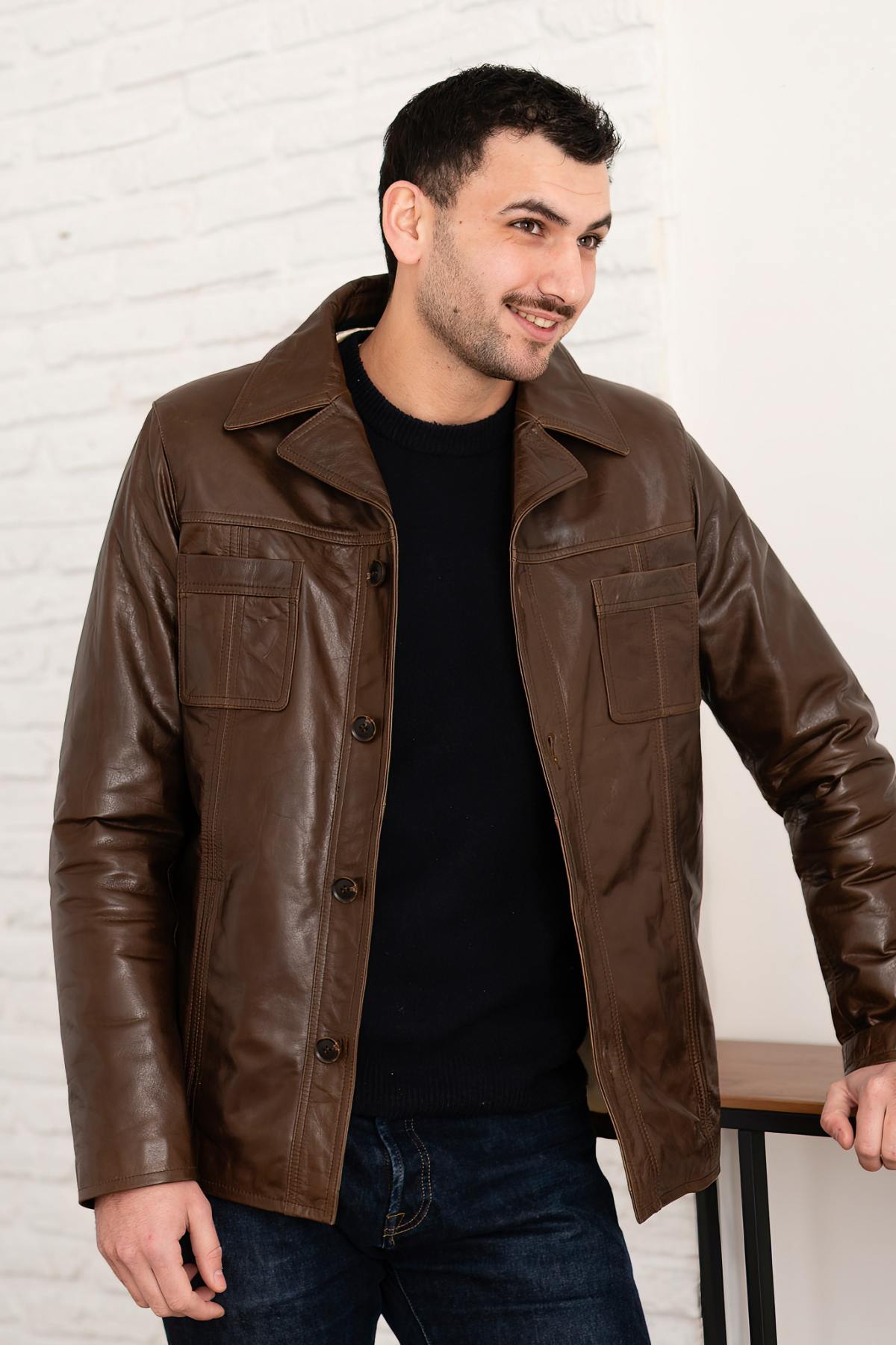 Mocha buffalo leather jacket with removable hood - Image n°4
