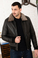 Black leather bomber jacket with fur collar - Image n°5