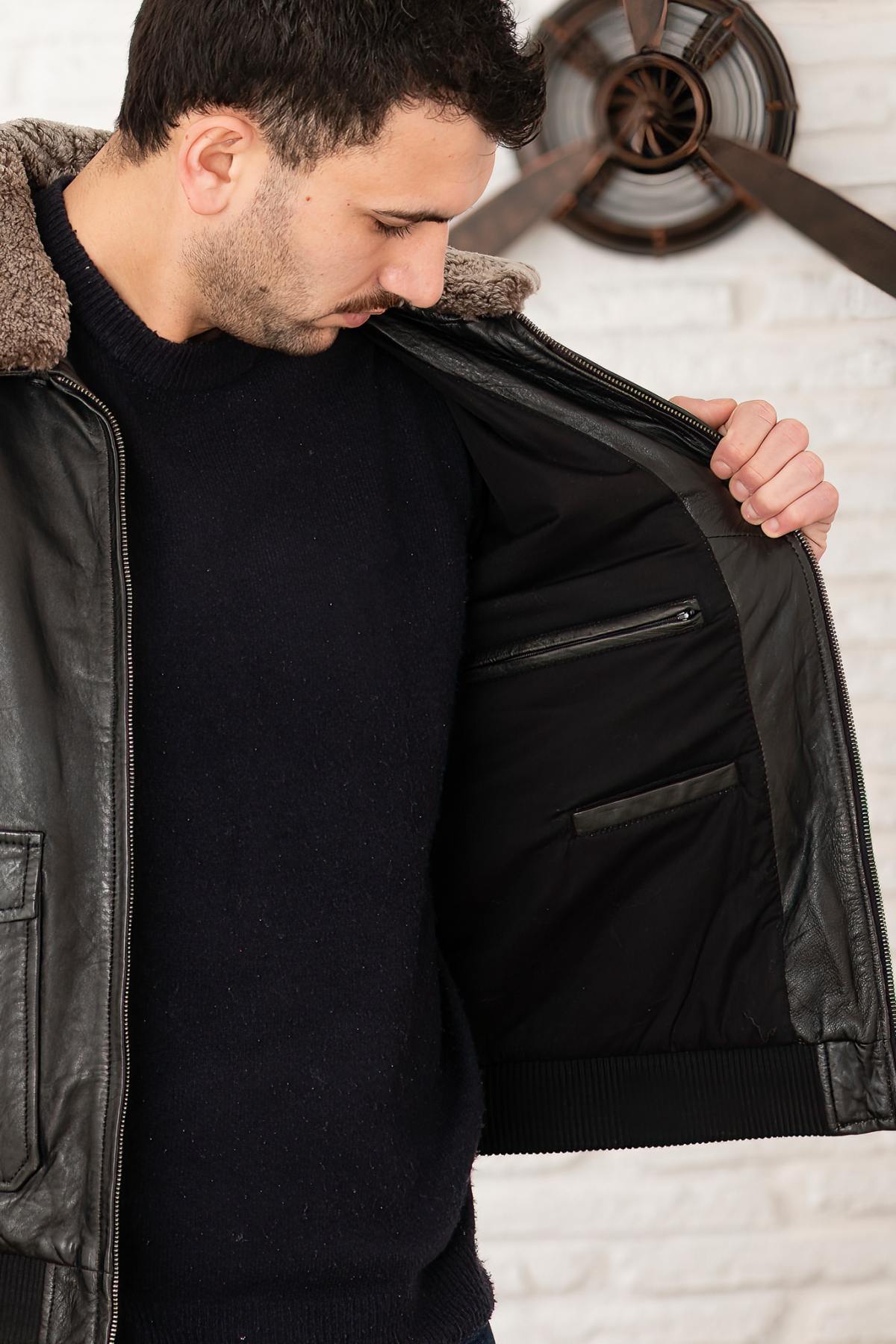 Black leather bomber jacket with fur collar - Image n°6