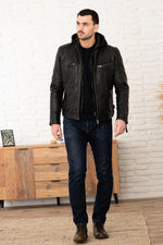 Black Leather Jacket with Hooded Skinny Fit - Image n°2