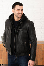 Black Leather Jacket with Hooded Skinny Fit - Image n°1