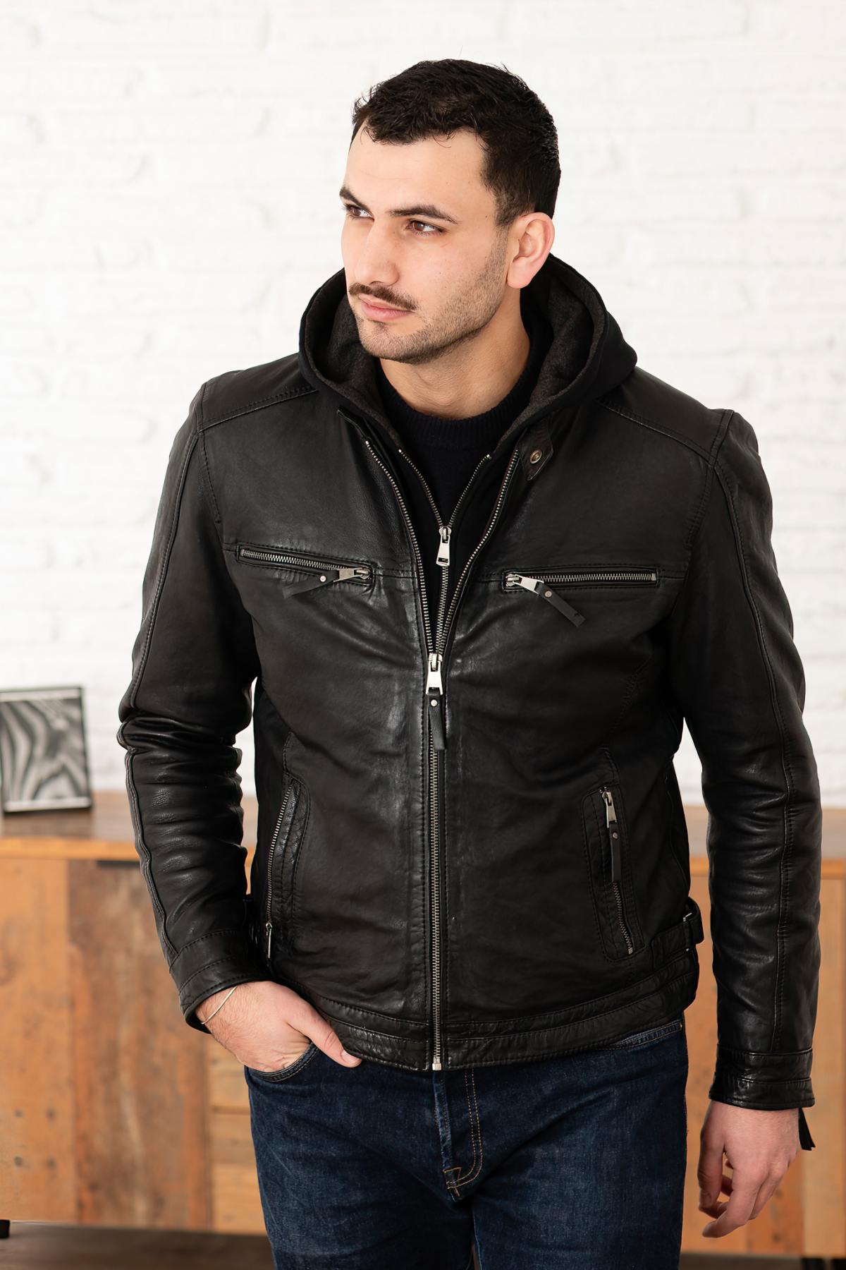 Black Leather Jacket with Hooded Skinny Fit - Image n°4