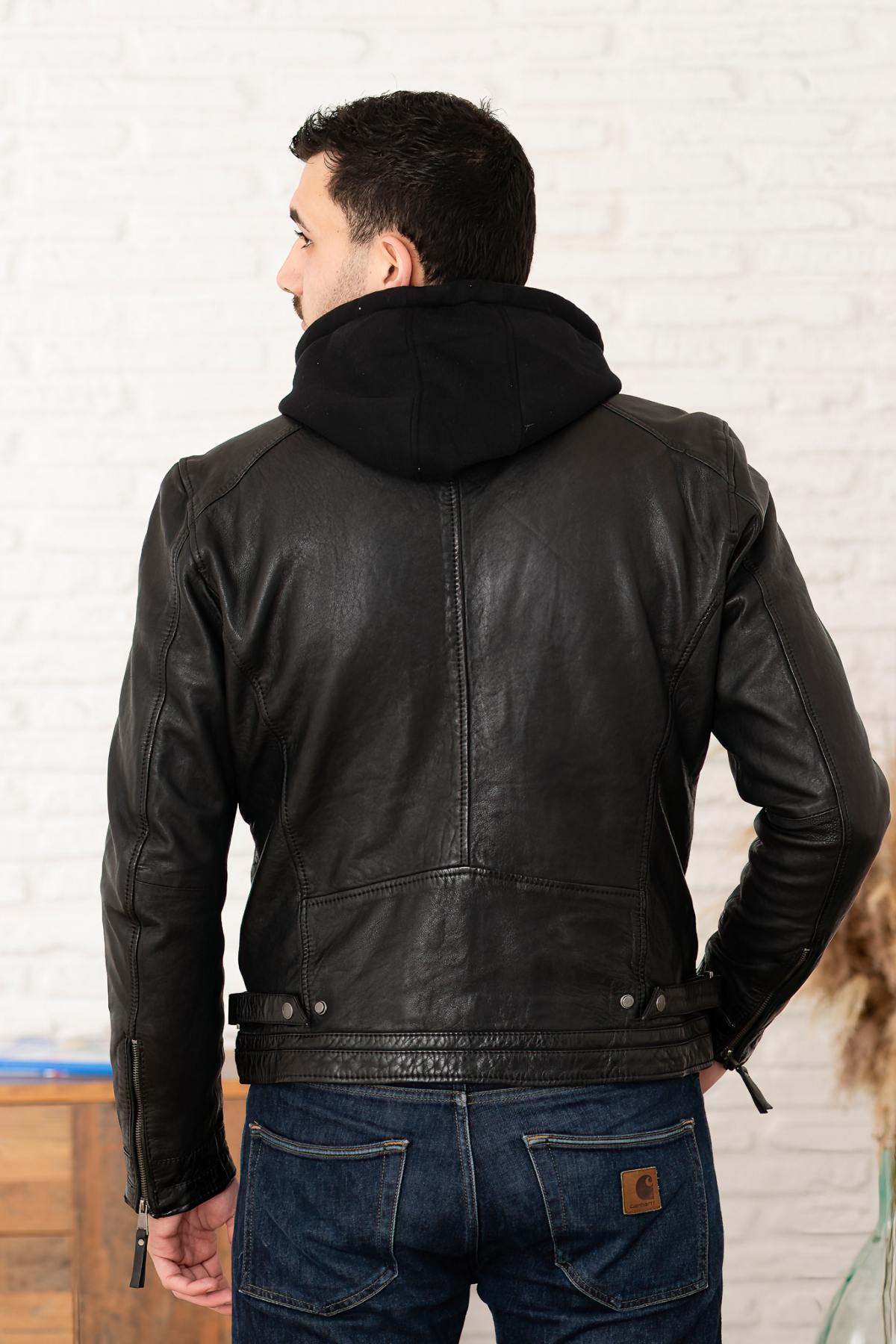Black Leather Jacket with Hooded Skinny Fit - Image n°3