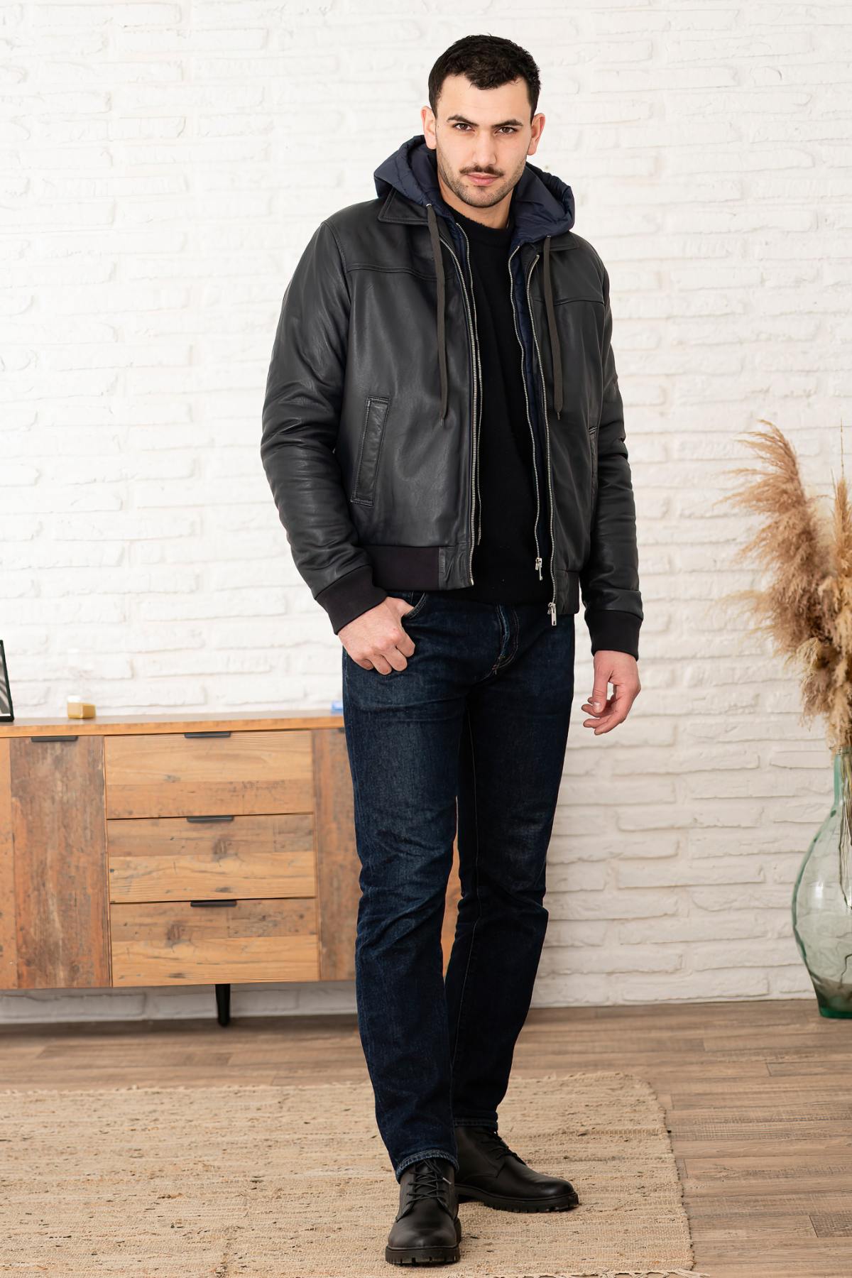 Navy blue shirt collar leather jacket with removable hood - Image n°6