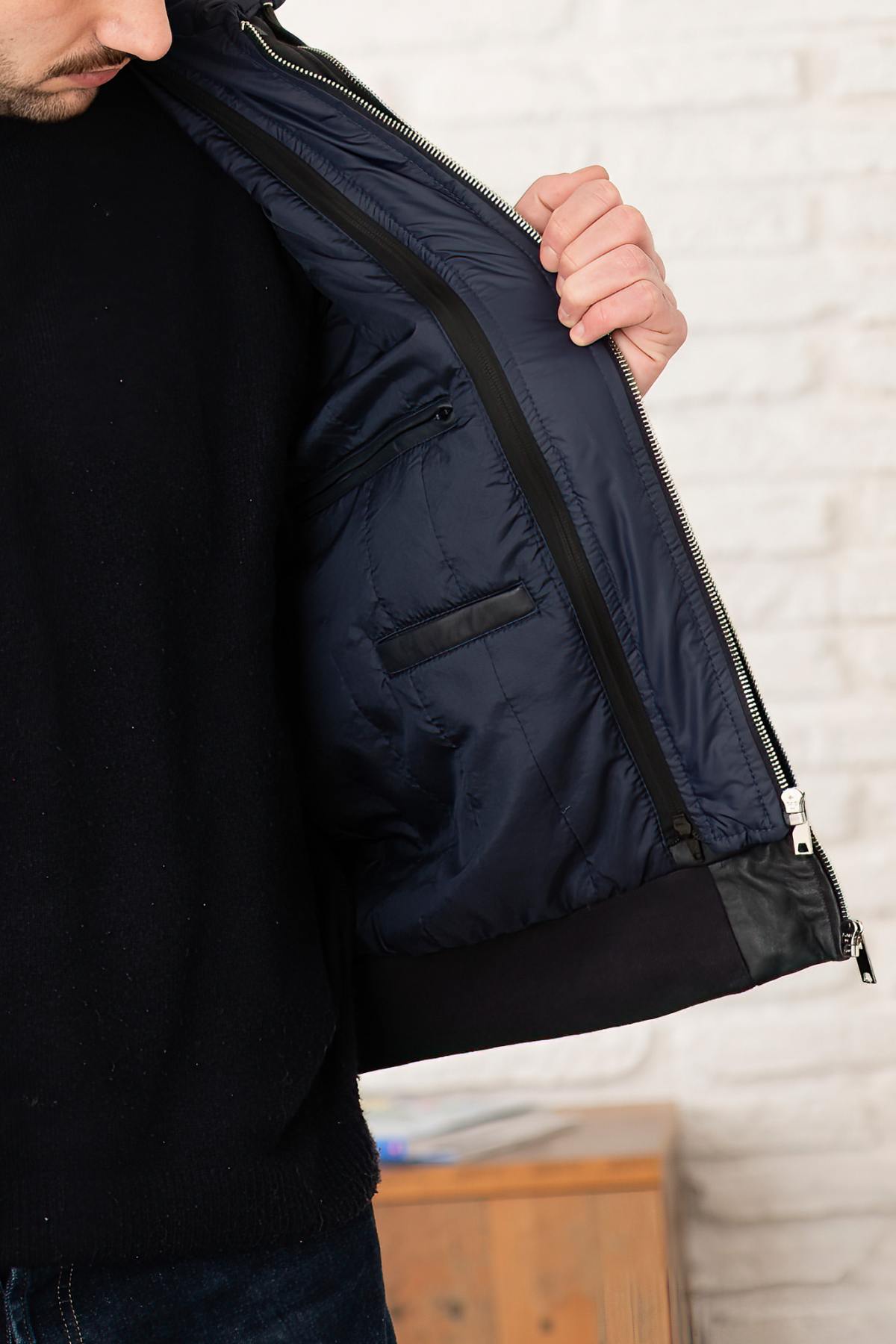 Navy blue shirt collar leather jacket with removable hood - Image n°9