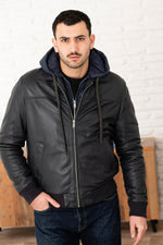 Navy blue shirt collar leather jacket with removable hood - Image n°1