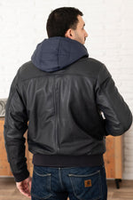 Navy blue shirt collar leather jacket with removable hood - Image n°4