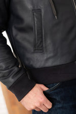 Navy blue shirt collar leather jacket with removable hood - Image n°8