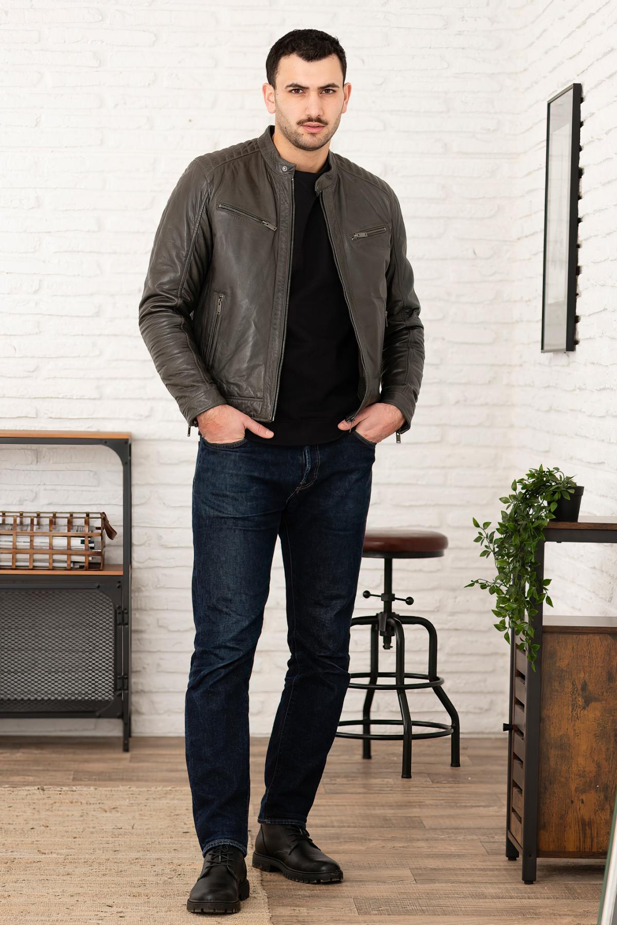 Anthracite biker collar leather jacket - Image n°2