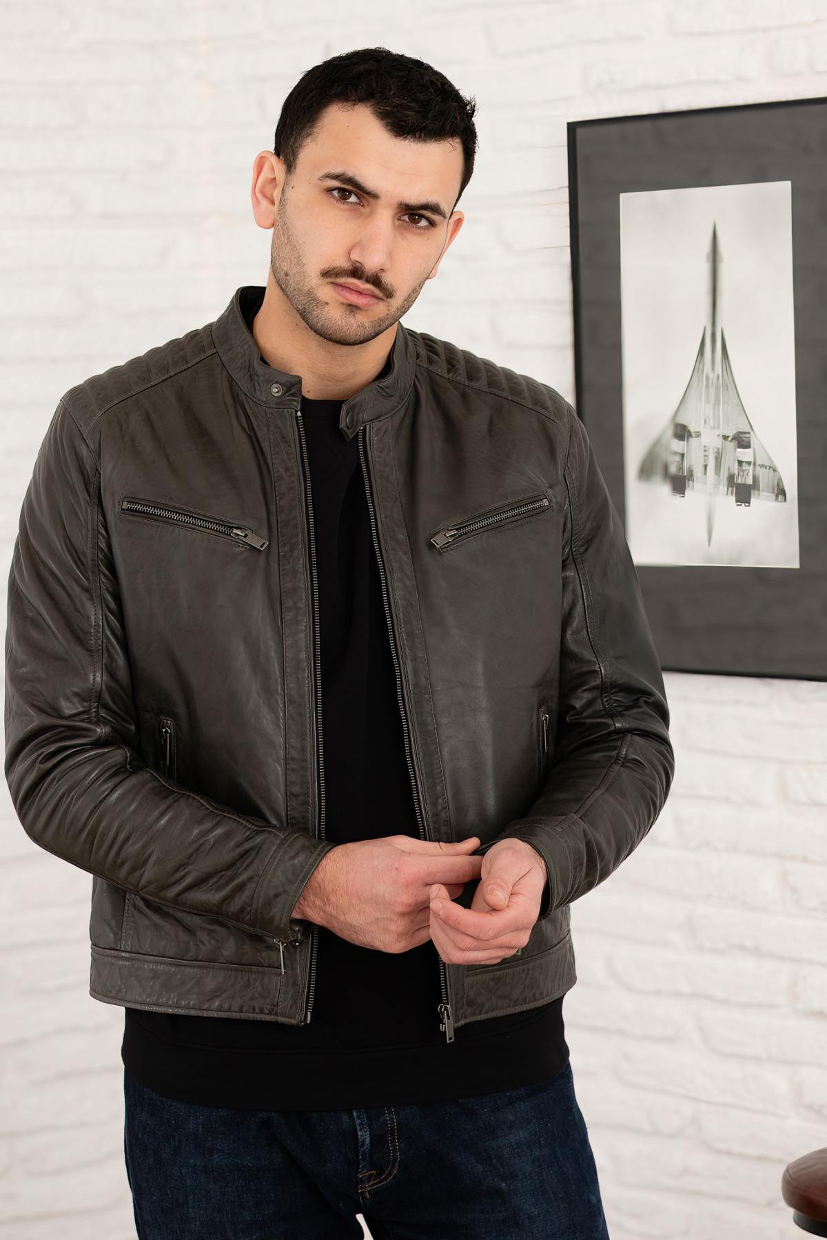 Anthracite biker collar leather jacket - Image n°4