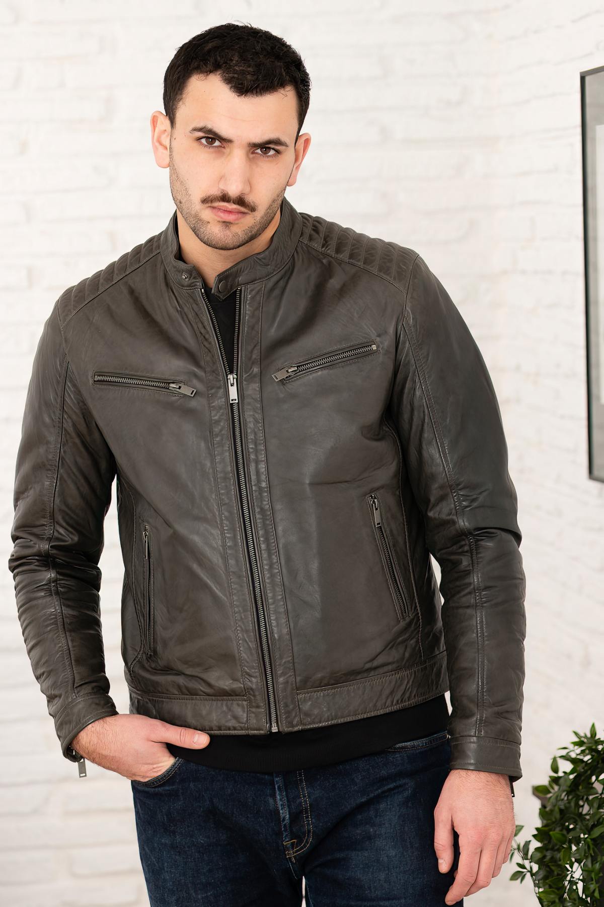 Anthracite biker collar leather jacket - Image n°1