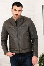 Anthracite biker collar leather jacket - Image n°1