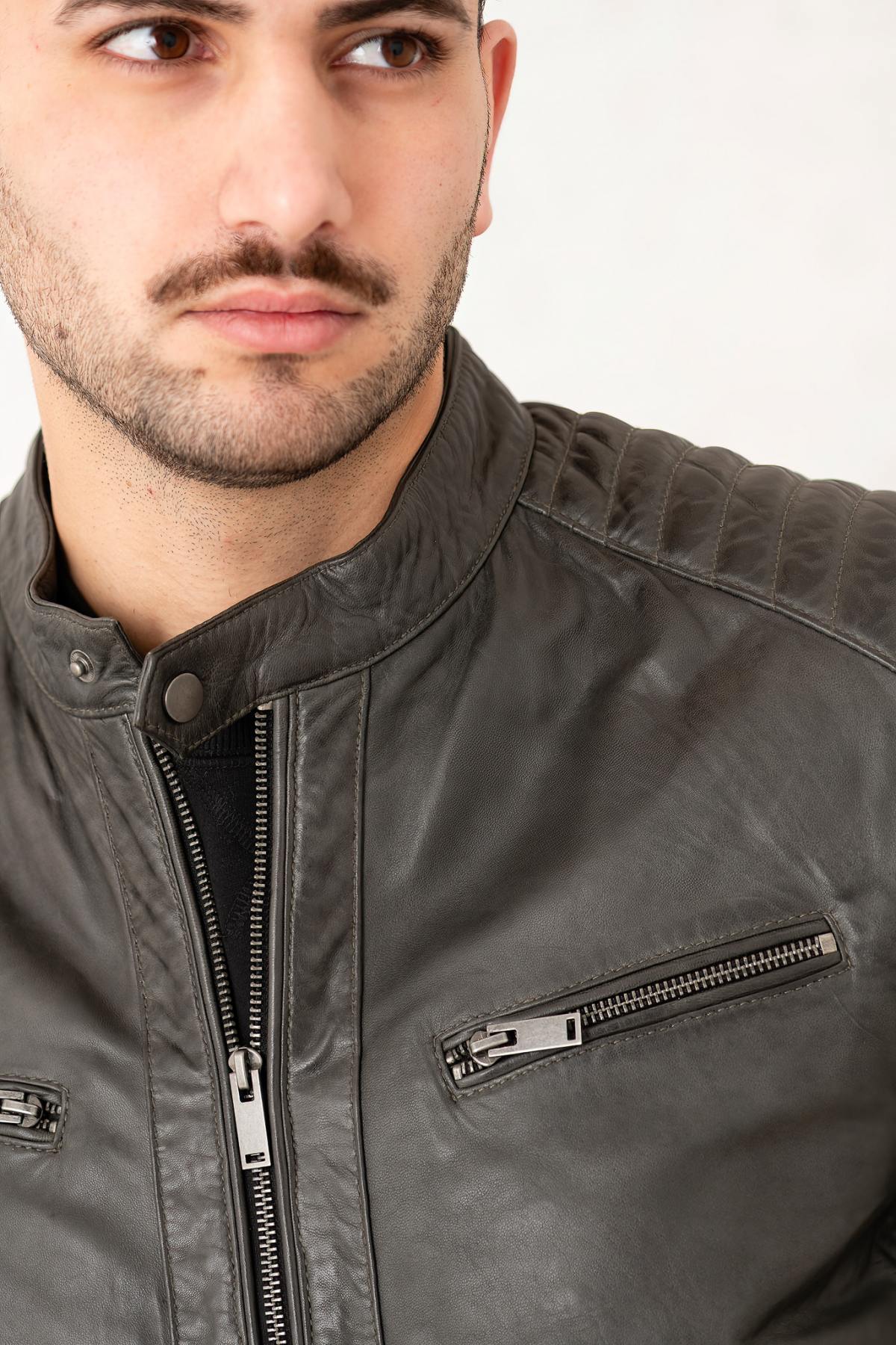 Anthracite biker collar leather jacket - Image n°5