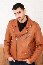 Ginger lambsheep leather biker jacket, belt-free and sleek. - Image n°4