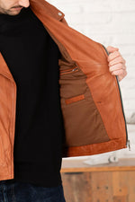 Ginger lambsheep leather biker jacket, belt-free and sleek. - Image n°6