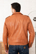 Ginger lambsheep leather biker jacket, belt-free and sleek. - Image n°3