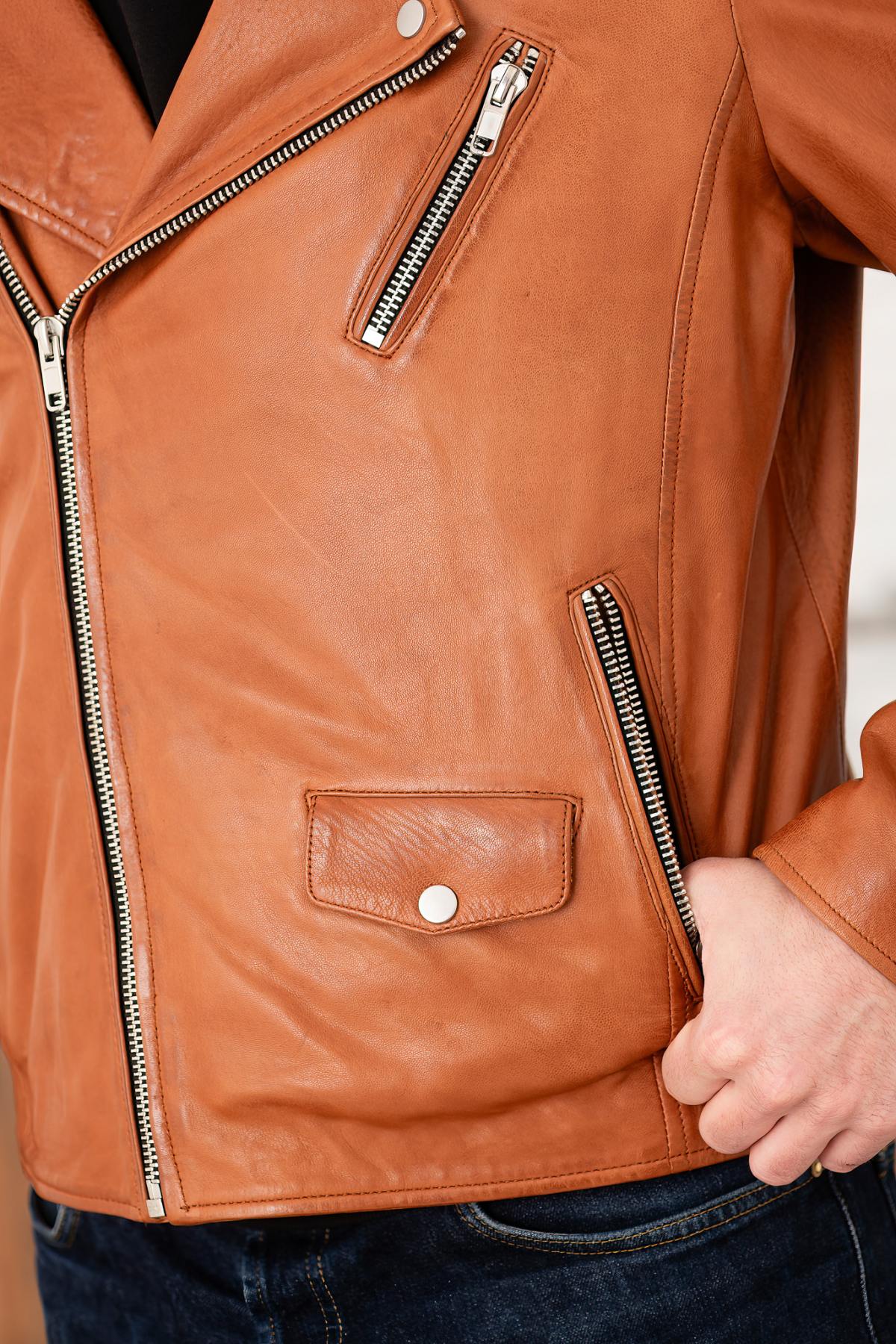 Ginger lambsheep leather biker jacket, belt-free and sleek. - Image n°2