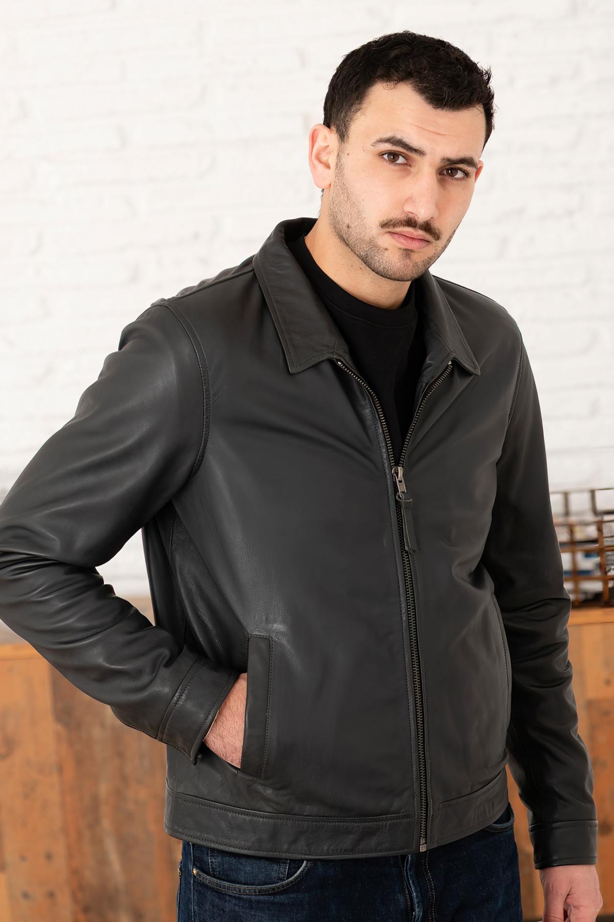 Anthracite washed leather shirt collar jacket - Image n°1