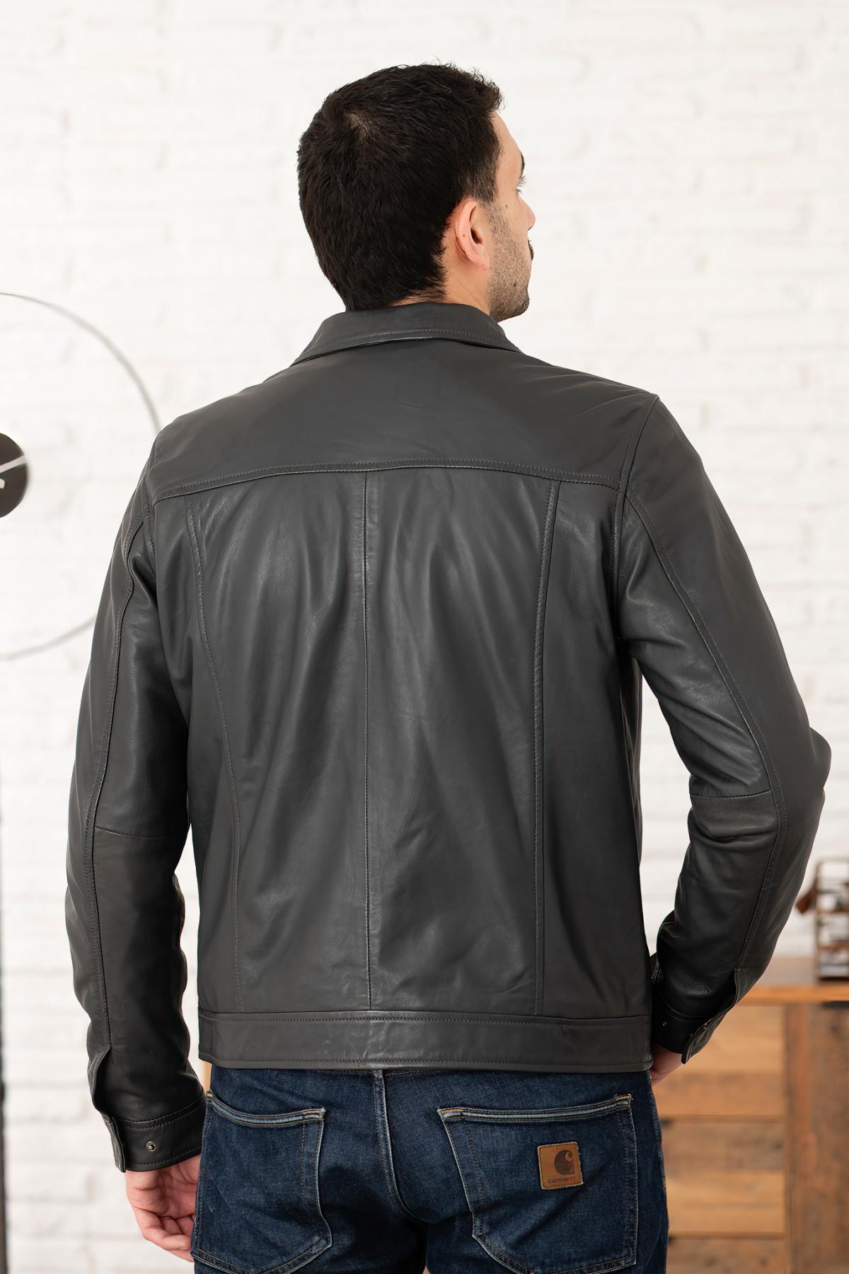 Anthracite washed leather shirt collar jacket - Image n°3