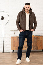 Leather jacket with removable hood in tech brown - Image n°8