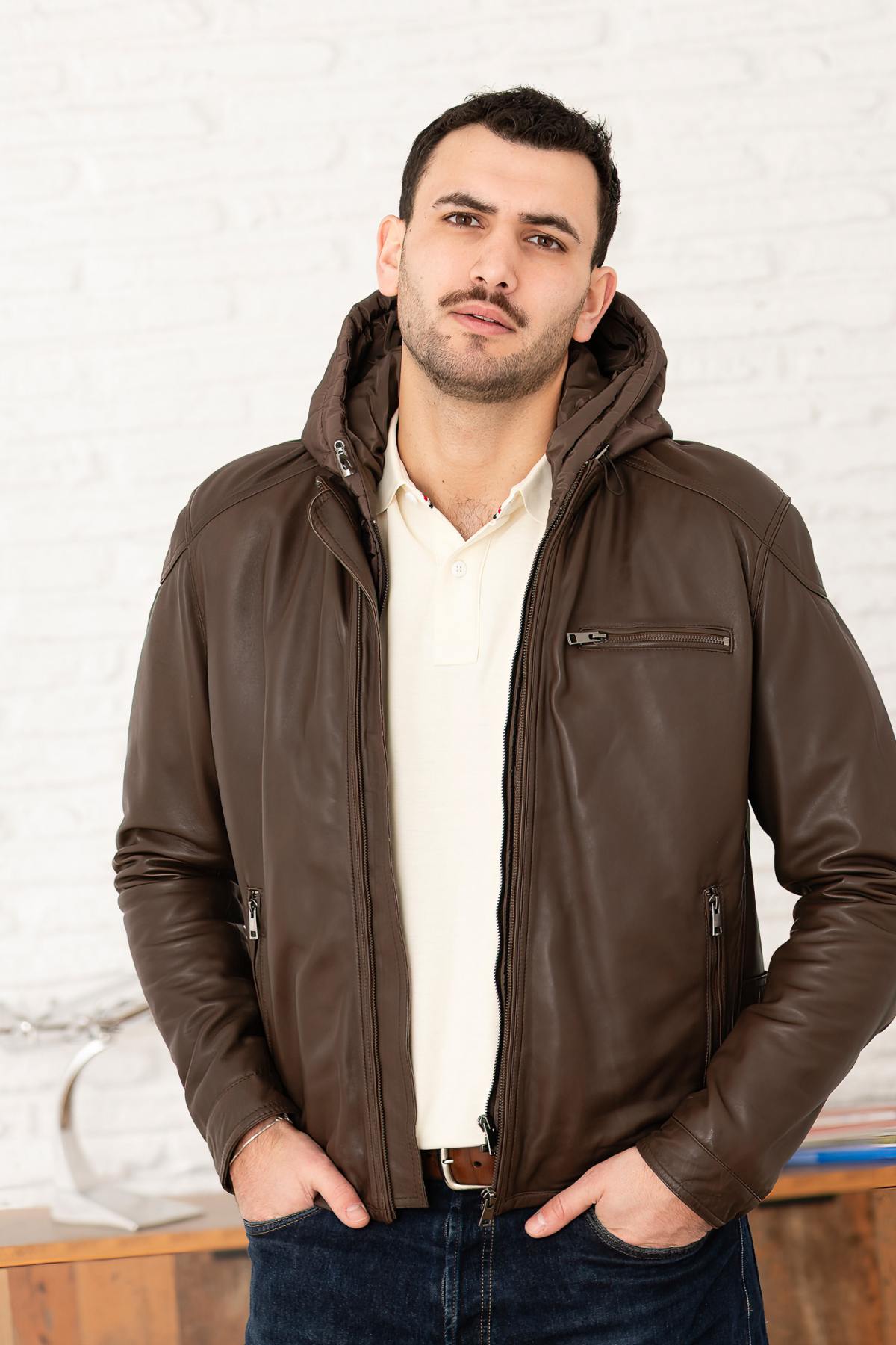 Leather jacket with removable hood in tech brown - Image n°7