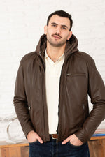 Leather jacket with removable hood in tech brown - Image n°7