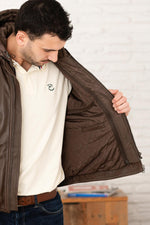 Leather jacket with removable hood in tech brown - Image n°9