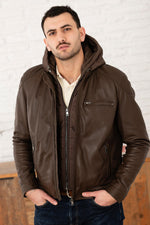 Leather jacket with removable hood in tech brown - Image n°2