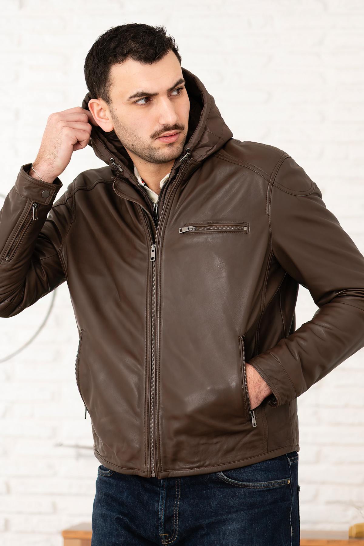 Leather jacket with removable hood in tech brown - Image n°1