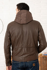 Leather jacket with removable hood in tech brown - Image n°6