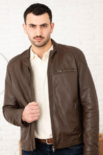 Leather jacket with removable hood in tech brown - Image n°3