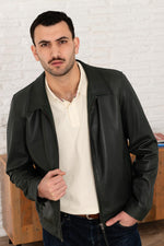 Green washed leather shirt collar jacket - Image n°1