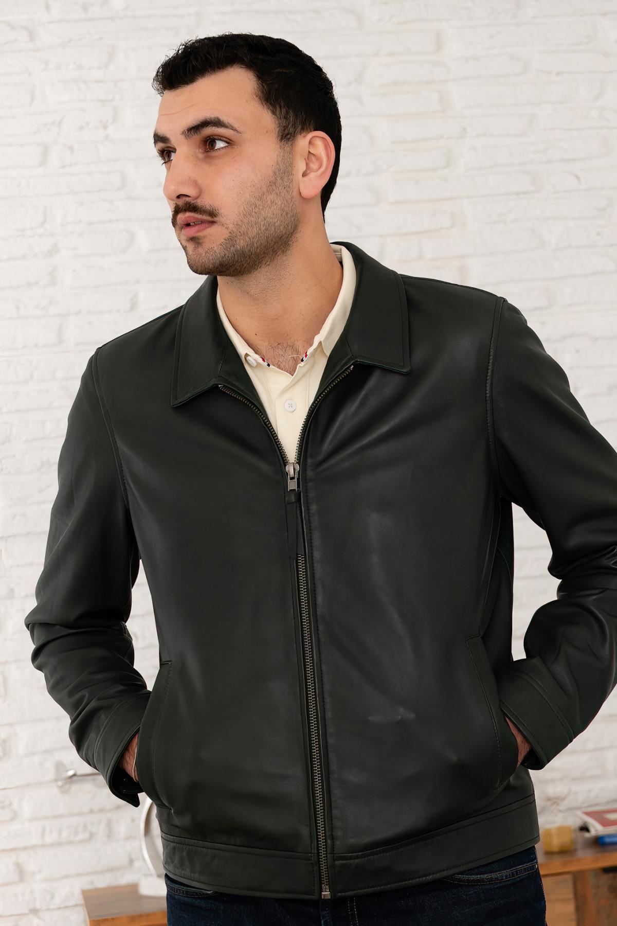 Green washed leather shirt collar jacket - Image n°5
