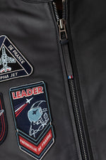 Navy blue biker collar leather jacket with PAF patches - Image n°3