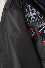 Navy blue biker collar leather jacket with PAF patches - Image n°10