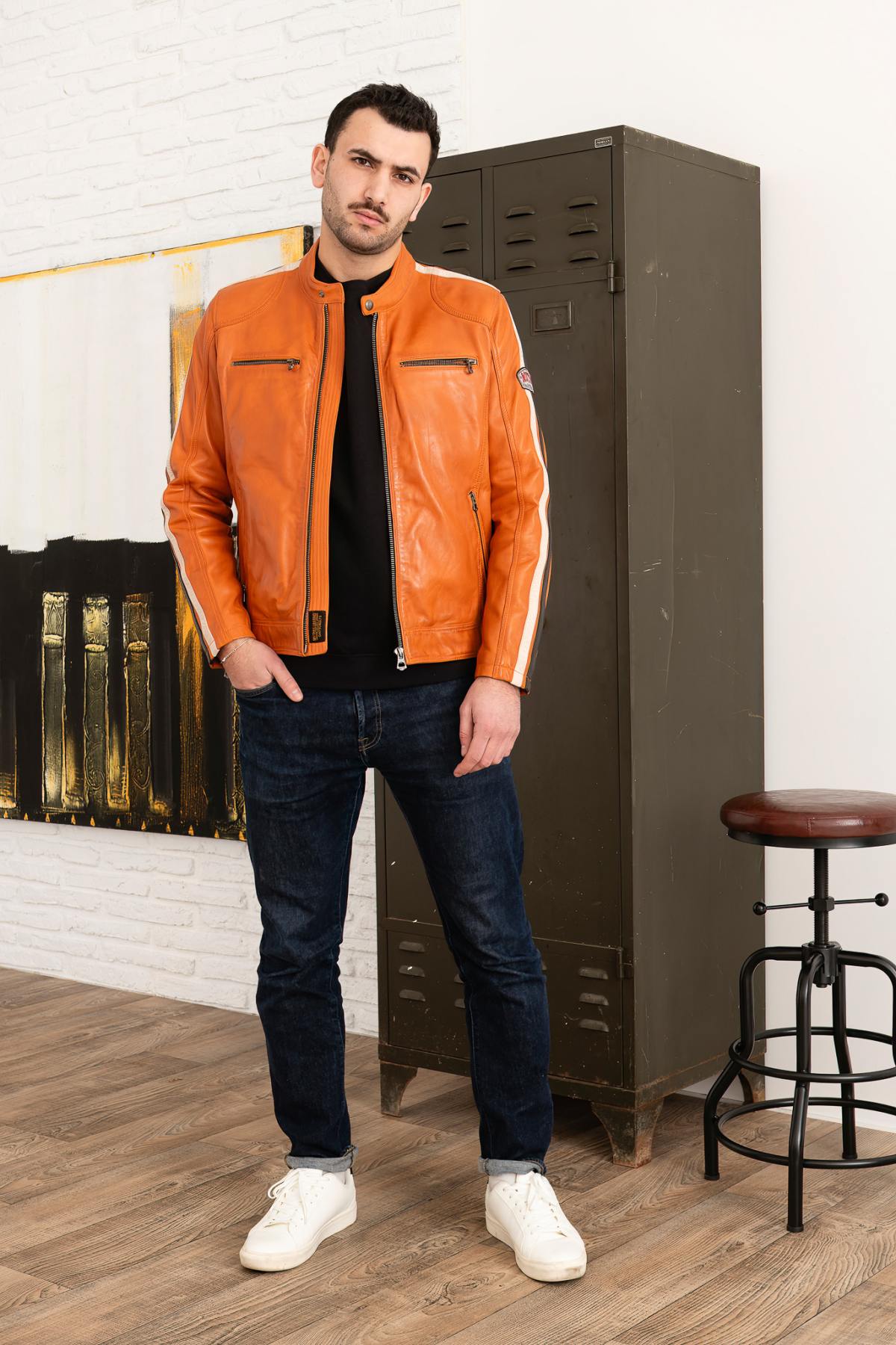Vintage Biker Style Orange Leather Biker Collar Jacket - Image n°3