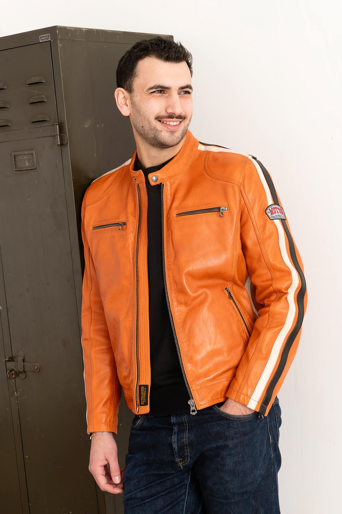 Vintage Biker Style Orange Leather Biker Collar Jacket - Image n°1