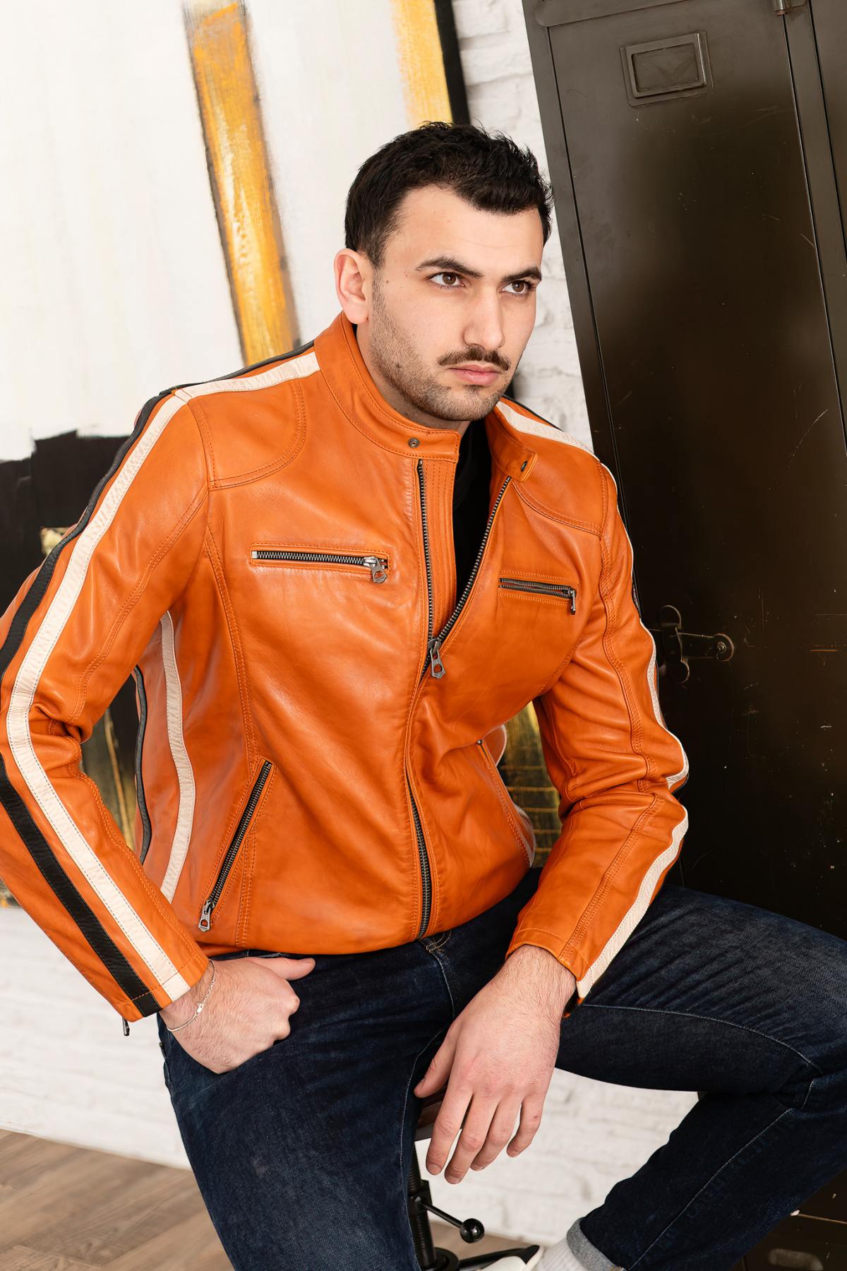 Vintage Biker Style Orange Leather Biker Collar Jacket - Image n°2
